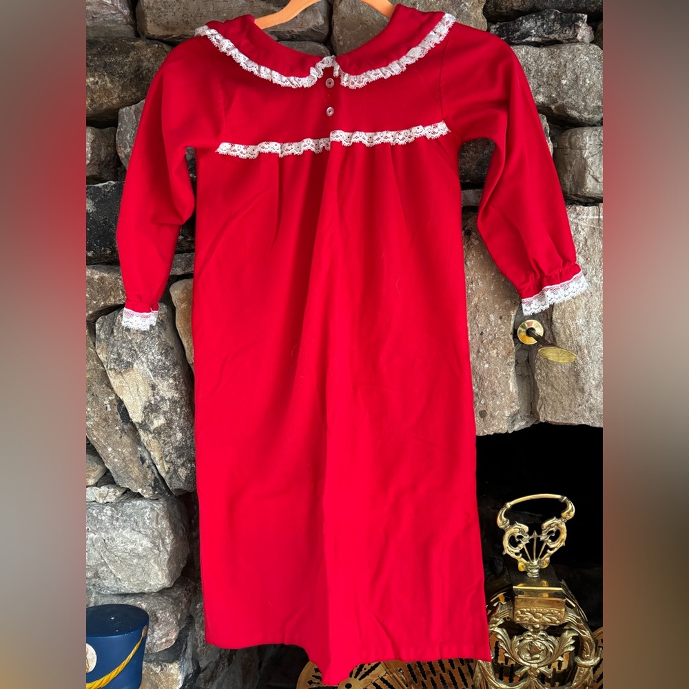 Red Kids Vintage Nightgown Pajamas with Lace Trim 5/6